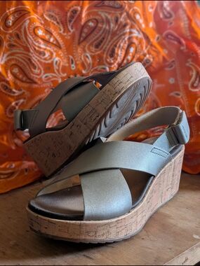 Clarks Metallic Silver Cork Wedge Sandals